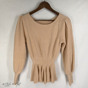 Women's Coquette Romantic Puff Sleeve Peplum Knitt Ribbed Tunic Medium